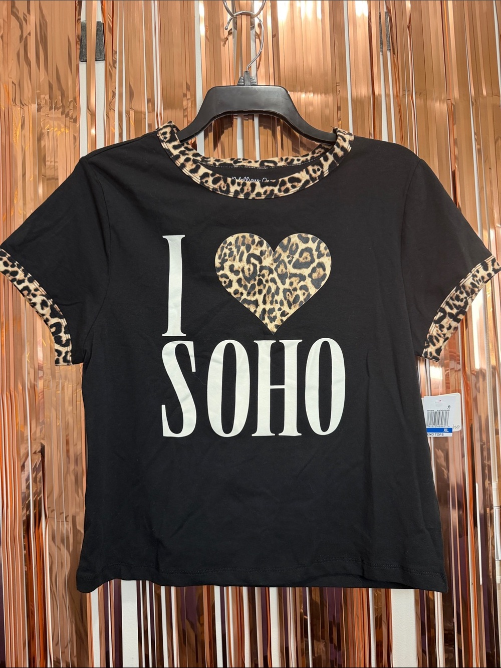 Rebellious One Black Tee with Leopard Heart and Trim Accent